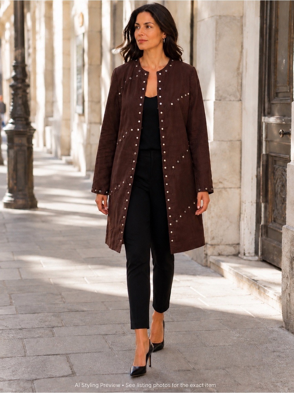 Vintage Carole Little Brown Studded Linen Longline Jacket Size 10